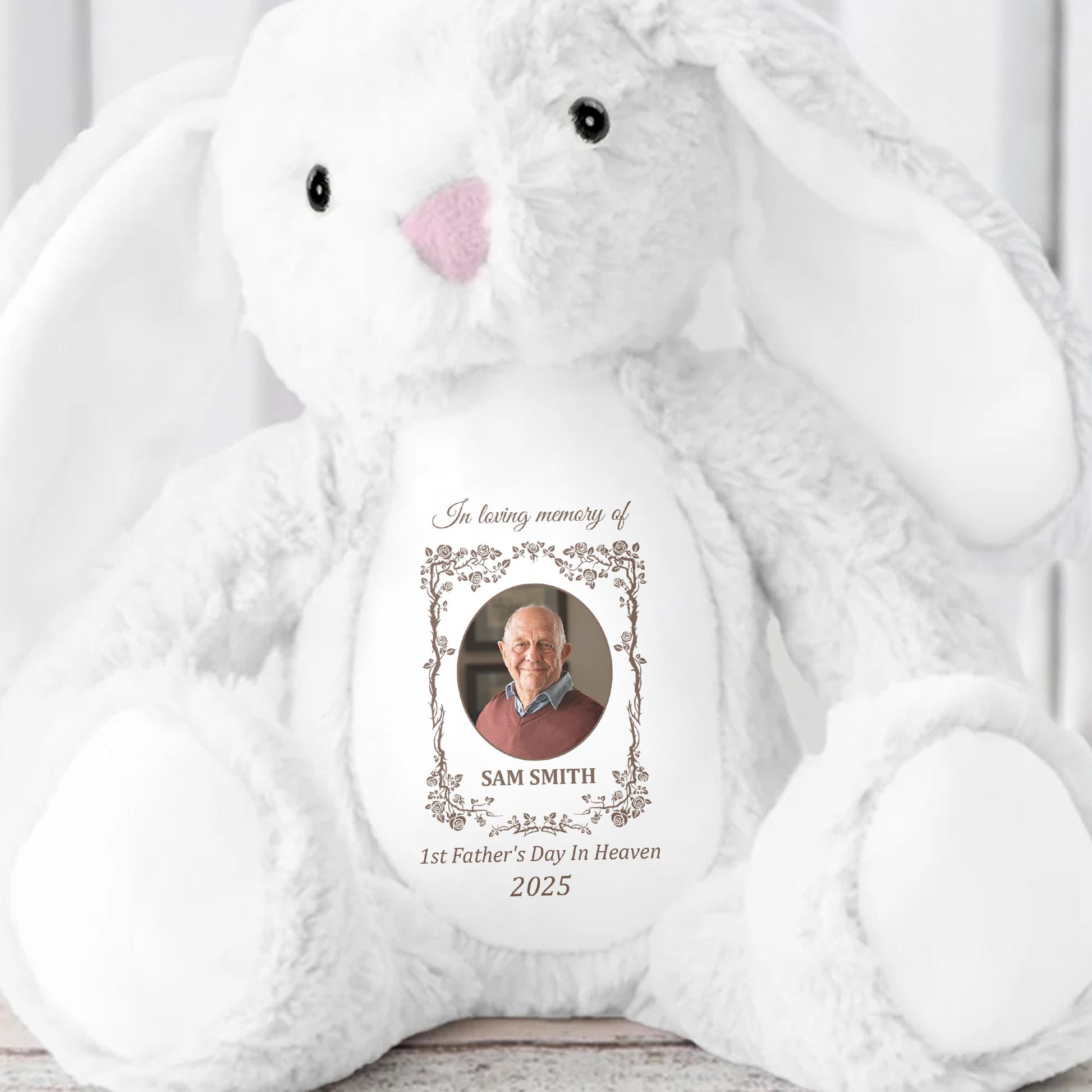 1st Father's Day in Heaven 2025, Photo Frame and Memorial Text - Personalized Stuffed Bunny - HME220_BUN