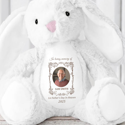 1st Father's Day in Heaven 2025, Photo Frame and Memorial Text - Personalized Stuffed Bunny - HME220_BUN