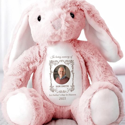 1st Father's Day in Heaven 2025, Photo Frame and Memorial Text - Personalized Stuffed Bunny - HME220_BUN