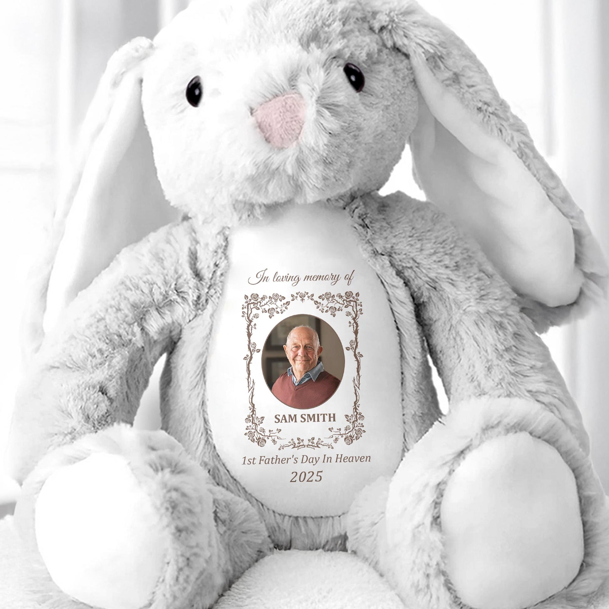 1st Father's Day in Heaven 2025, Photo Frame and Memorial Text - Personalized Stuffed Bunny - HME220_BUN