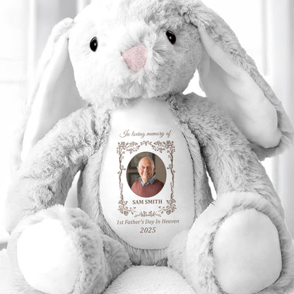 1st Father's Day in Heaven 2025, Photo Frame and Memorial Text - Personalized Stuffed Bunny - HME220_BUN
