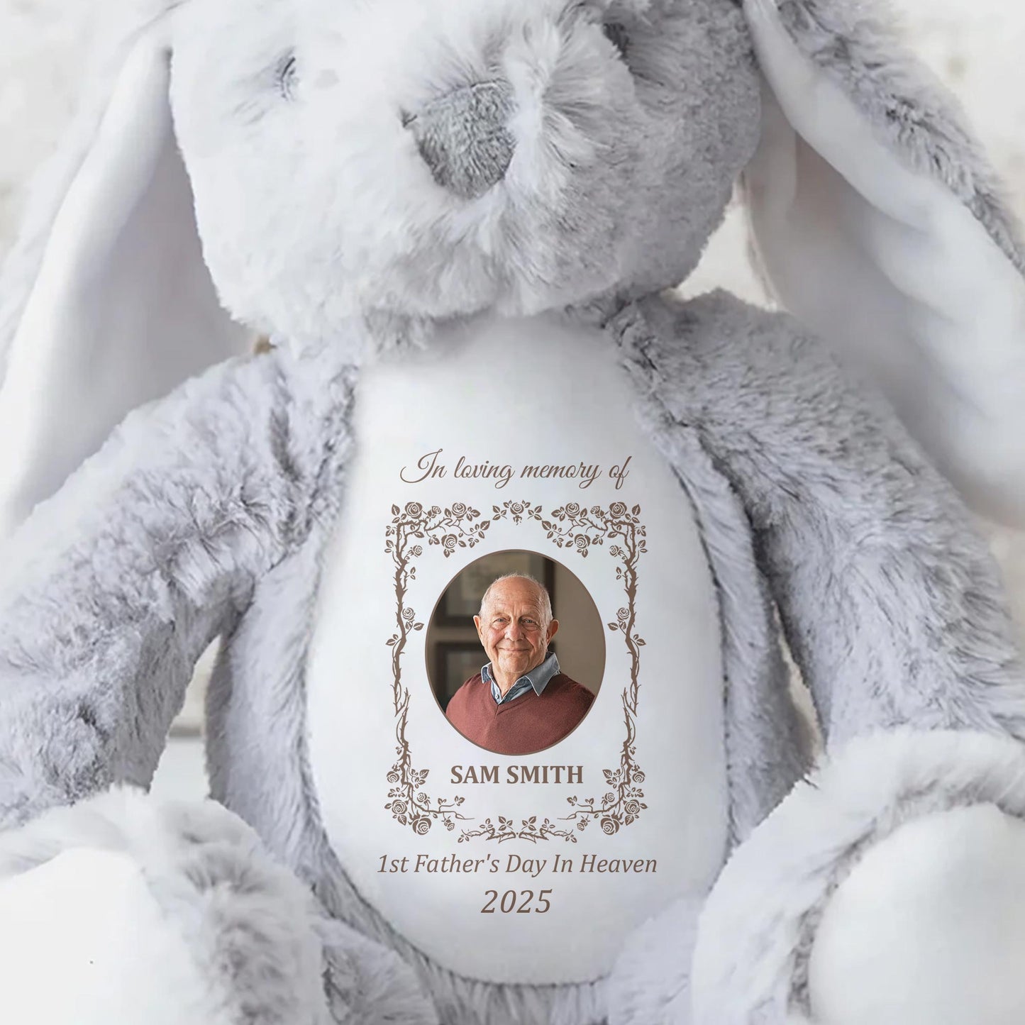 1st Father's Day in Heaven 2025, Photo Frame and Memorial Text - Personalized Stuffed Bunny - HME220_BUN