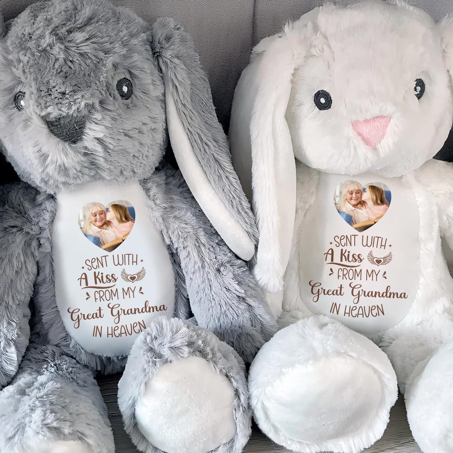 Sent With A Kiss From Great Grandma In Heaven, Stuffed Bunny With Photo Insert - Personalized Stuffed Bunny - HME236_BUN