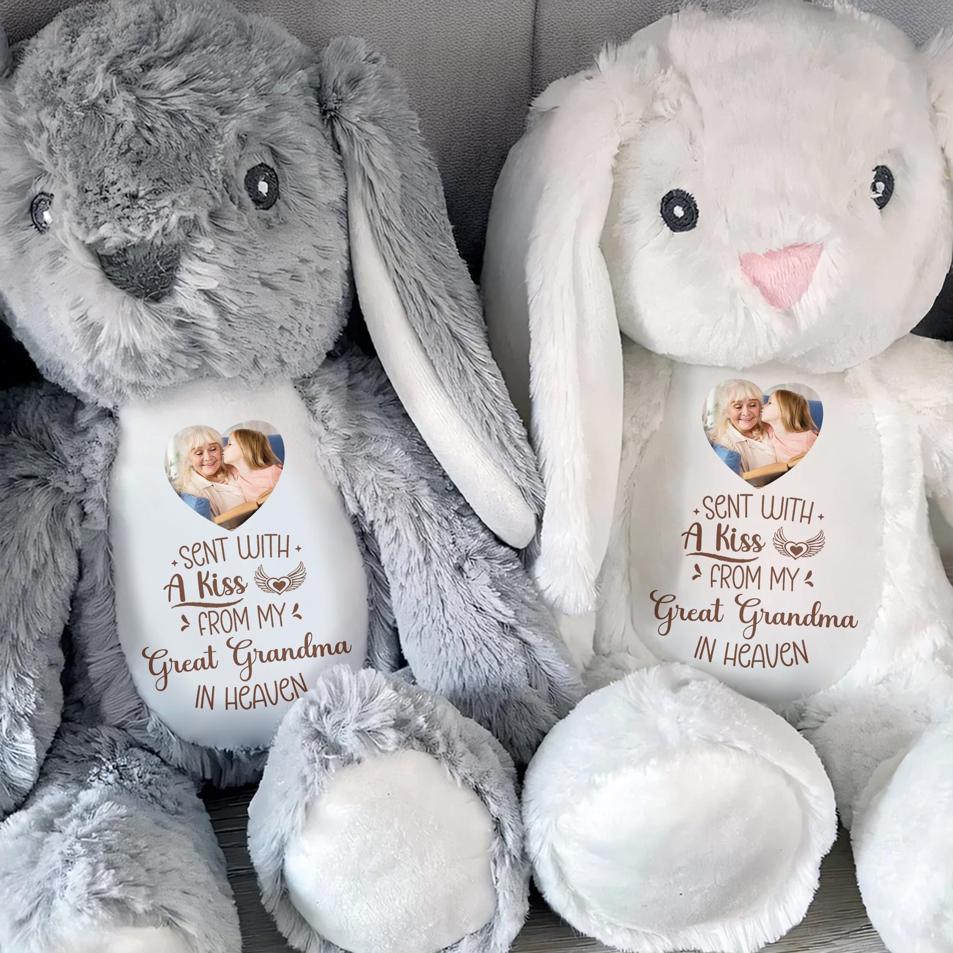 Sent With A Kiss From Great Grandma In Heaven, Stuffed Bunny With Photo Insert - Personalized Stuffed Bunny - HME236_BUN