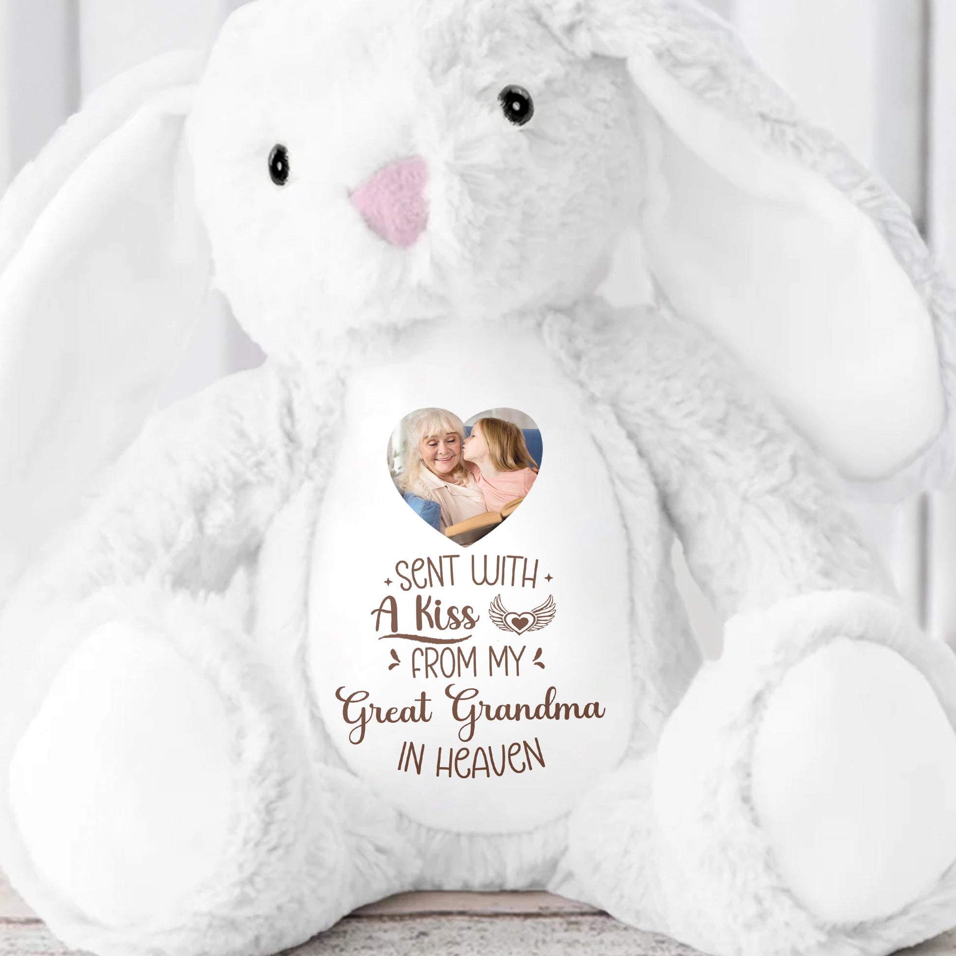 Sent With A Kiss From Great Grandma In Heaven, Stuffed Bunny With Photo Insert - Personalized Stuffed Bunny - HME236_BUN