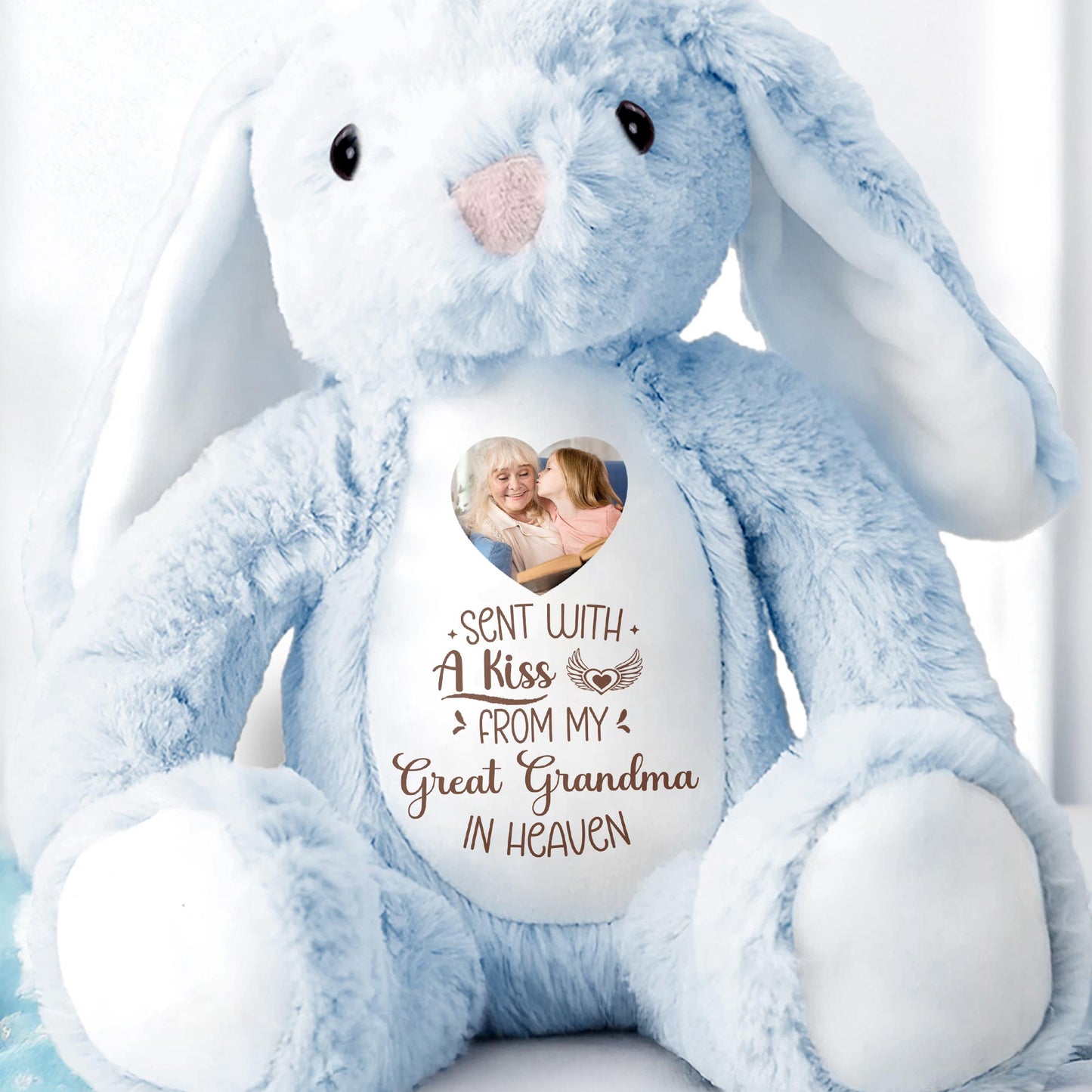 Sent With A Kiss From Great Grandma In Heaven, Stuffed Bunny With Photo Insert - Personalized Stuffed Bunny - HME236_BUN