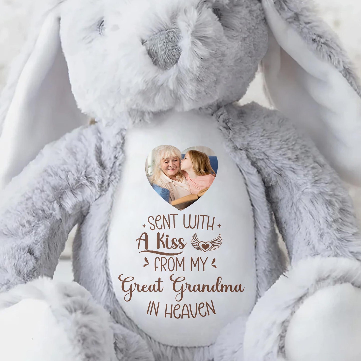 Sent With A Kiss From Great Grandma In Heaven, Stuffed Bunny With Photo Insert - Personalized Stuffed Bunny - HME236_BUN