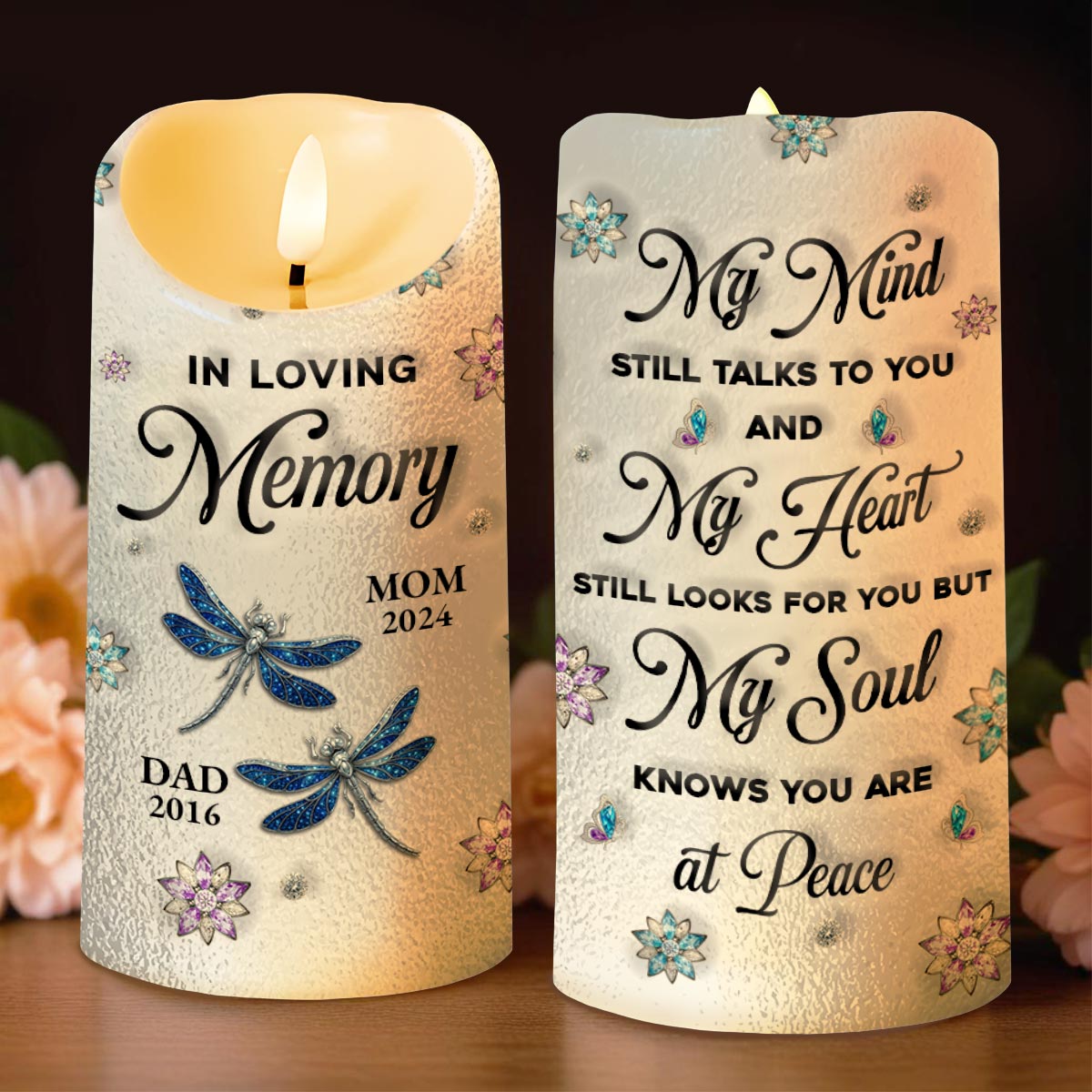 In Loving Memory, Dragonflies and Flowers Memorial Candle - Personalized Custom LED Candle - HME276_LECA