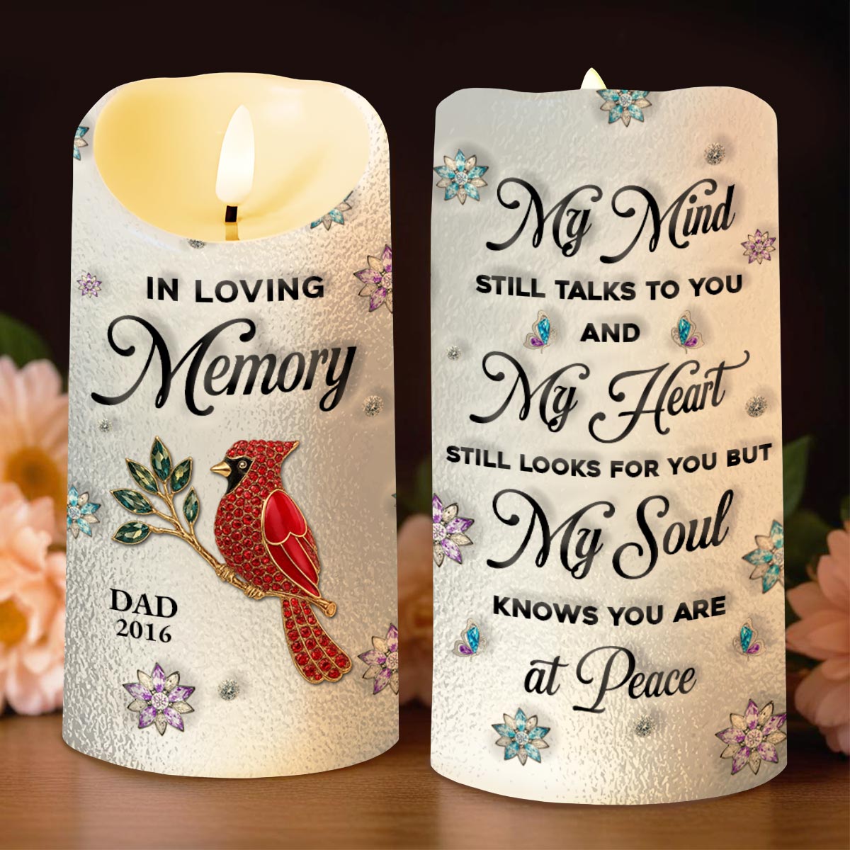 In Loving Memory, Dragonflies and Flowers Memorial Candle - Personalized Custom LED Candle - HME276_LECA