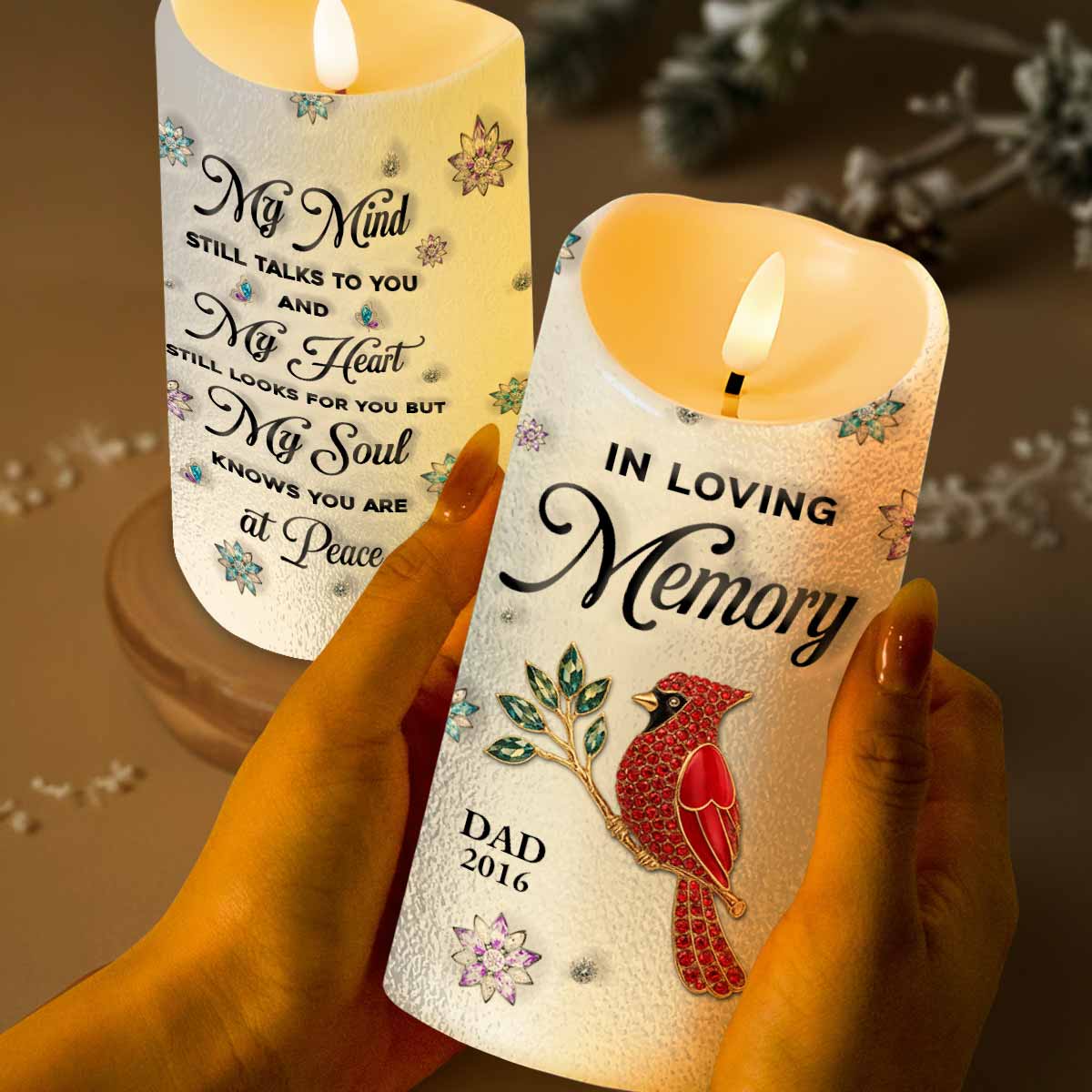 In Loving Memory, Dragonflies and Flowers Memorial Candle - Personalized Custom LED Candle - HME276_LECA