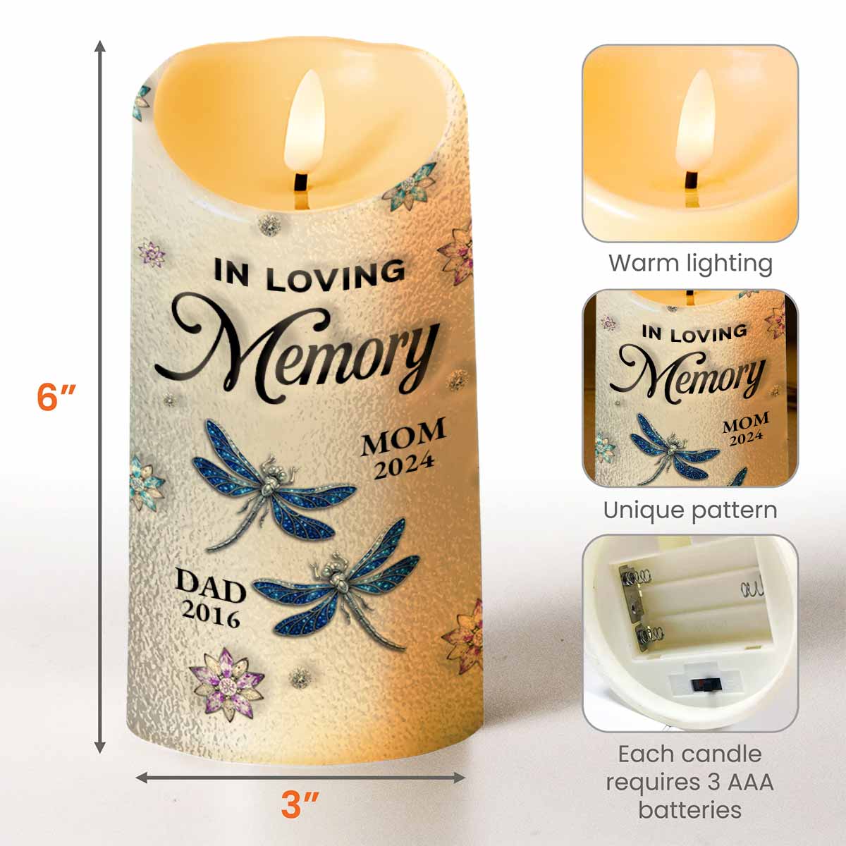 In Loving Memory, Dragonflies and Flowers Memorial Candle - Personalized Custom LED Candle - HME276_LECA