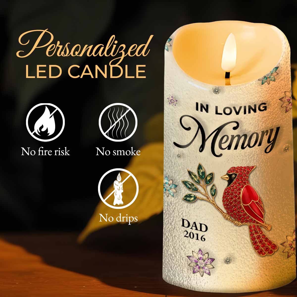 In Loving Memory, Dragonflies and Flowers Memorial Candle - Personalized Custom LED Candle - HME276_LECA