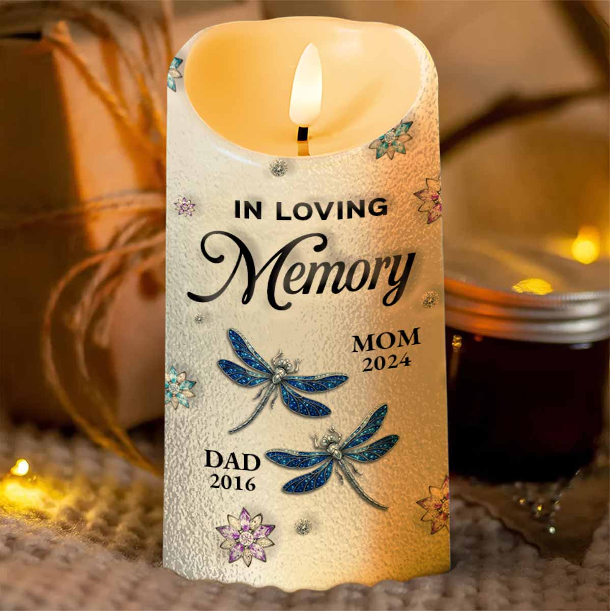 In Loving Memory, Dragonflies and Flowers Memorial Candle - Personalized Custom LED Candle - HME276_LECA