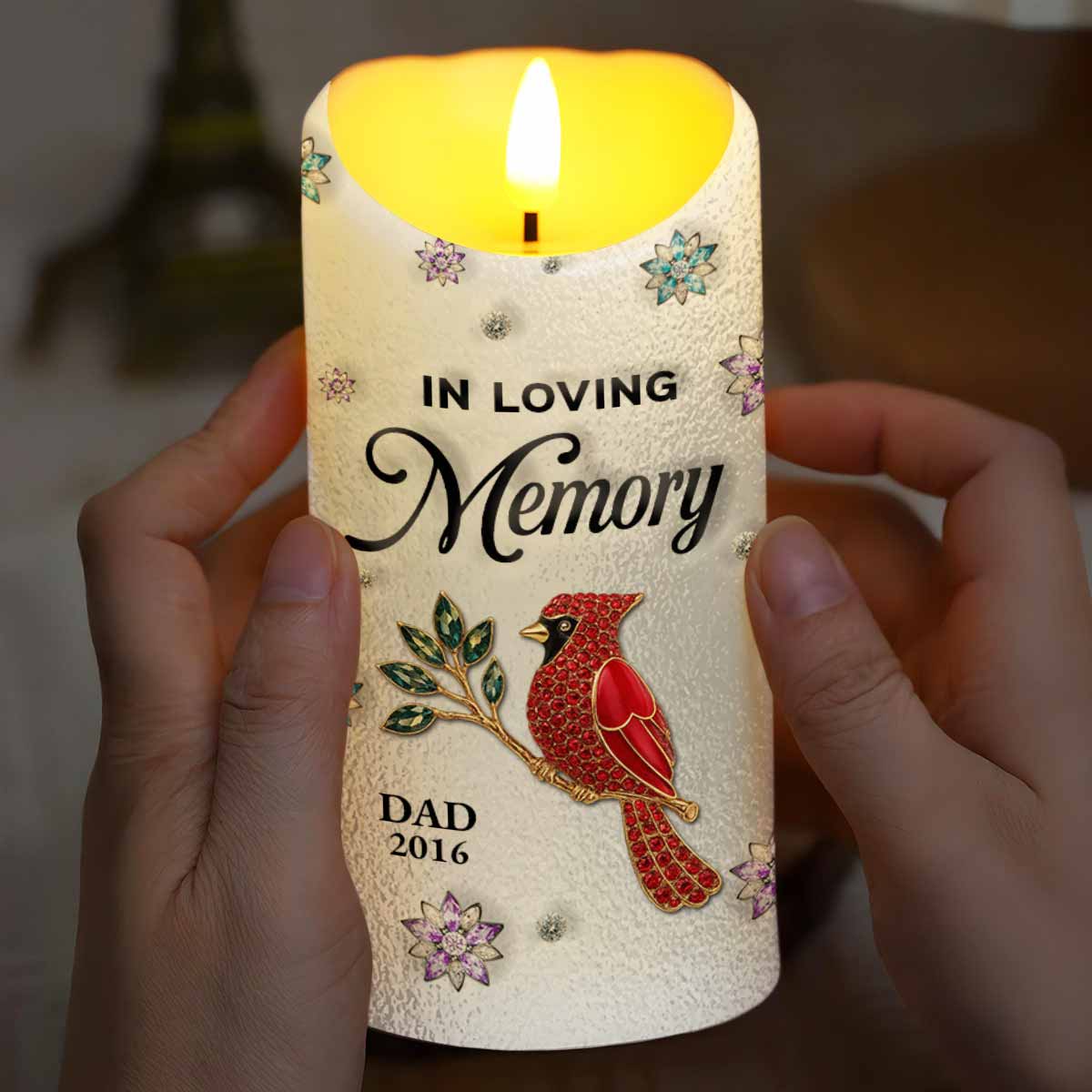 In Loving Memory, Dragonflies and Flowers Memorial Candle - Personalized Custom LED Candle - HME276_LECA