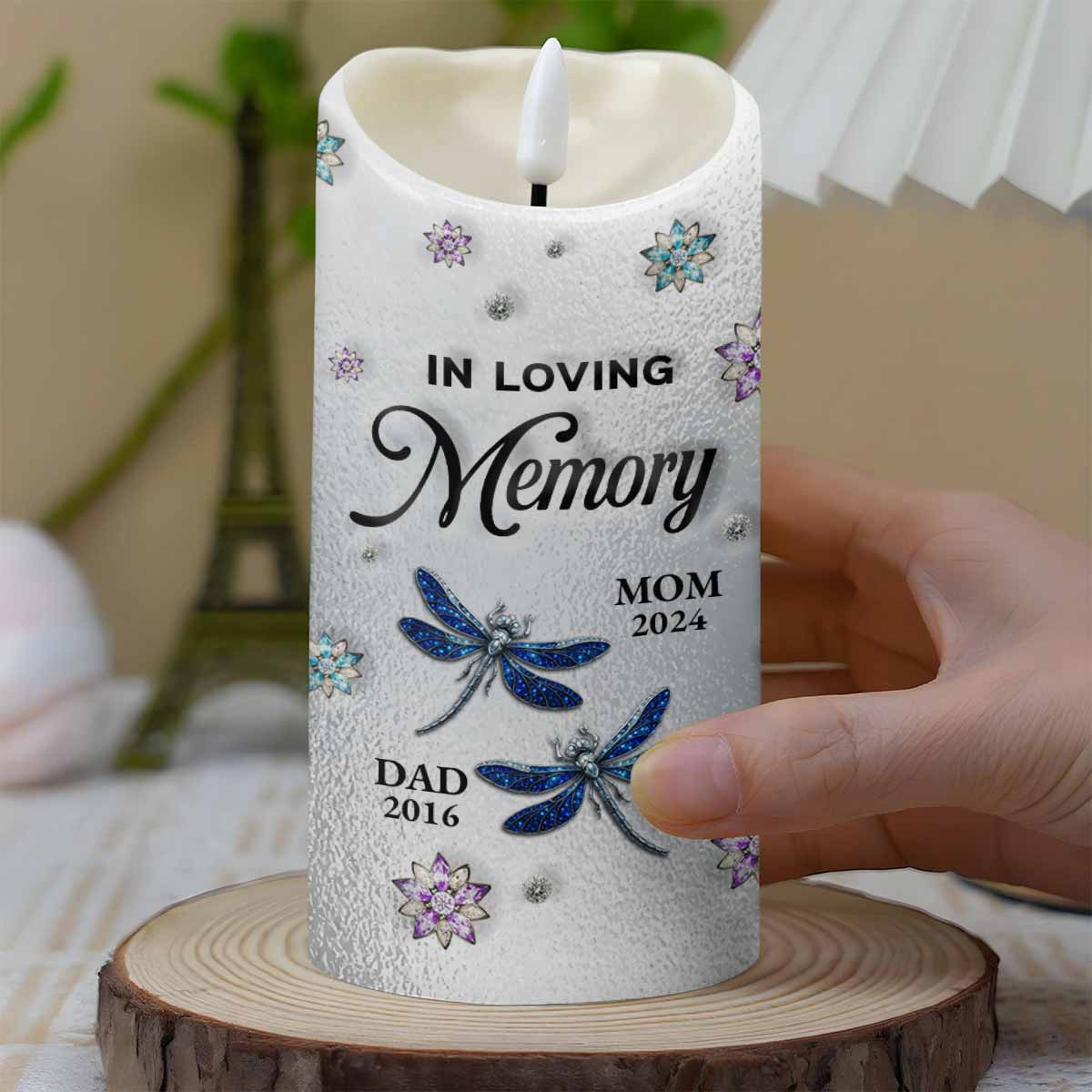 In Loving Memory, Dragonflies and Flowers Memorial Candle - Personalized Custom LED Candle - HME276_LECA