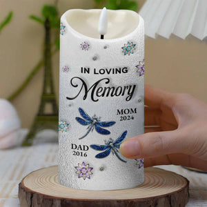 In Loving Memory, Dragonflies and Flowers Memorial Candle - Personalized Custom LED Candle - HME276_LECA