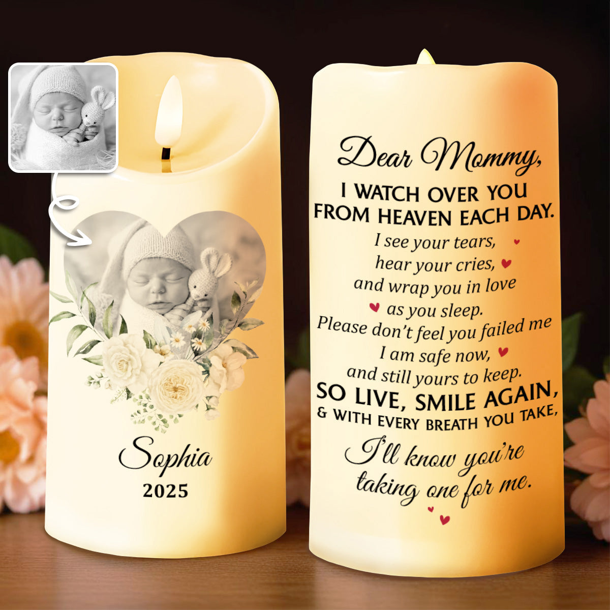 Dear Mommy, I Watch Over You From Heaven Floral Candle - Personalized Custom LED Candle - HME323_LECA