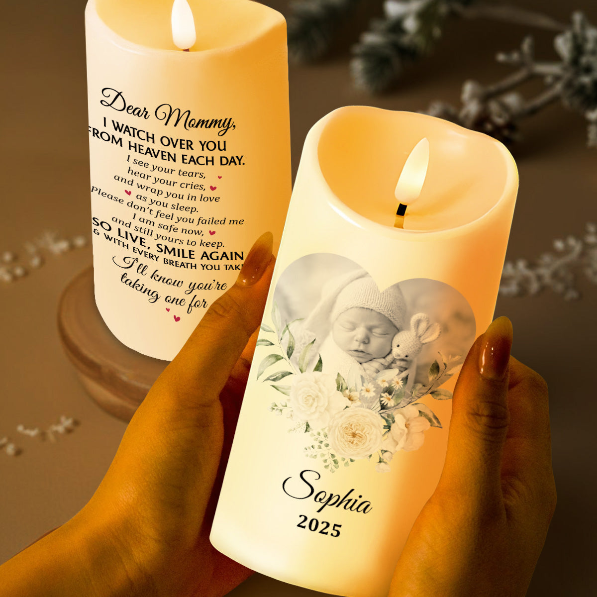 Dear Mommy, I Watch Over You From Heaven Floral Candle - Personalized Custom LED Candle - HME323_LECA
