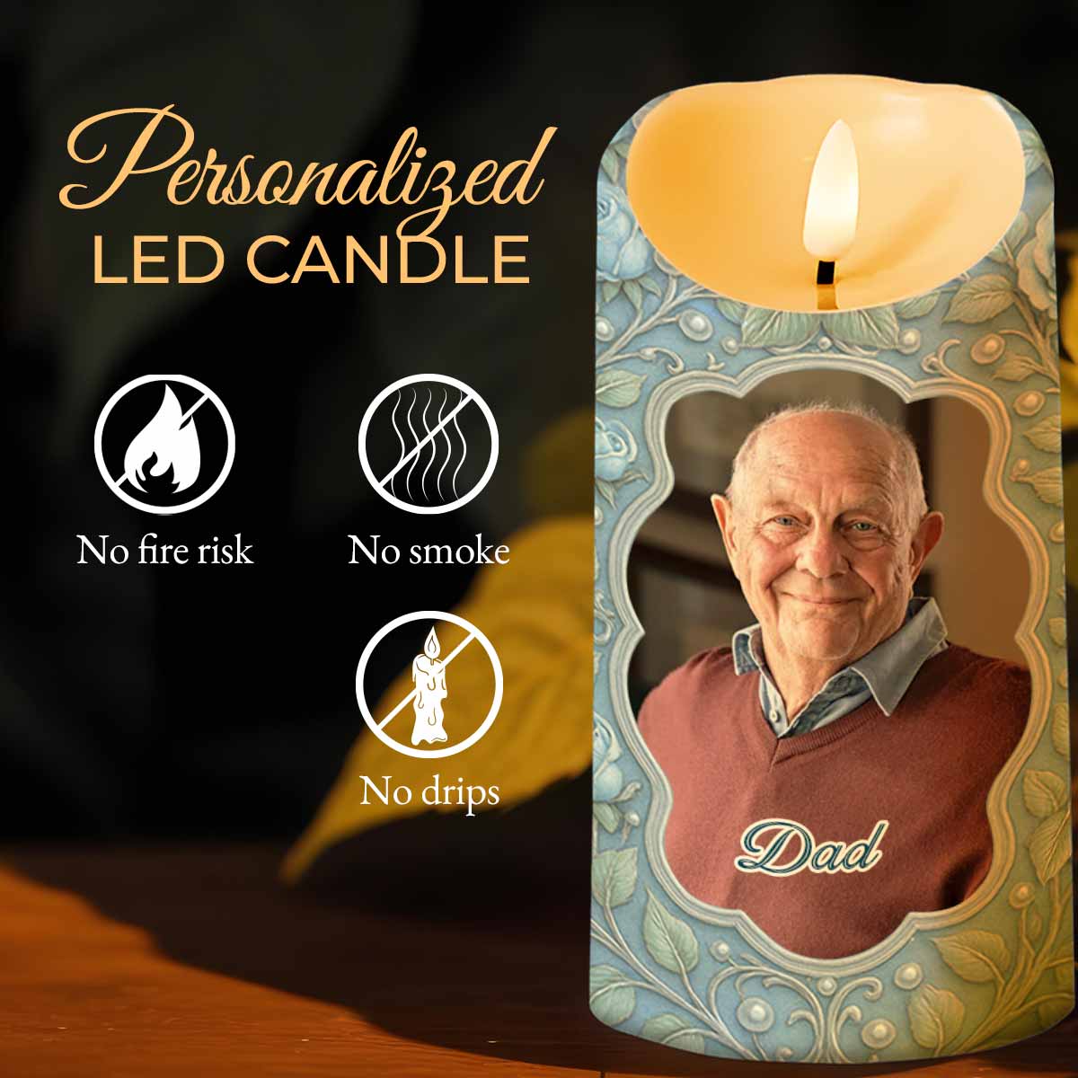 In Loving Memory Candle With Leaves And Butterflies - Personalized Custom LED Candle - HME324_LECA