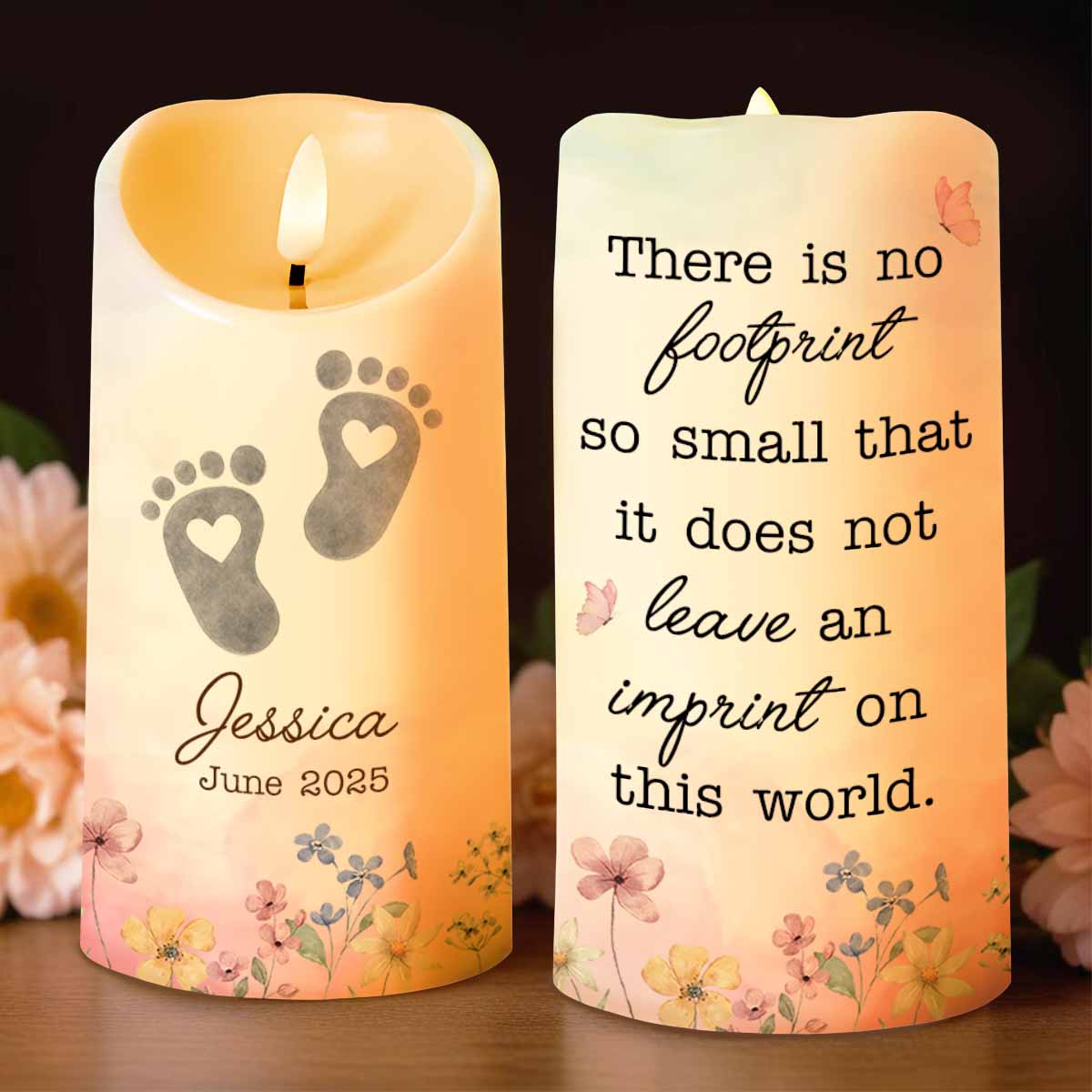 No Footprint So Small, Footprints And Flowers Candle - Personalized Custom LED Candle - HME332_LECA