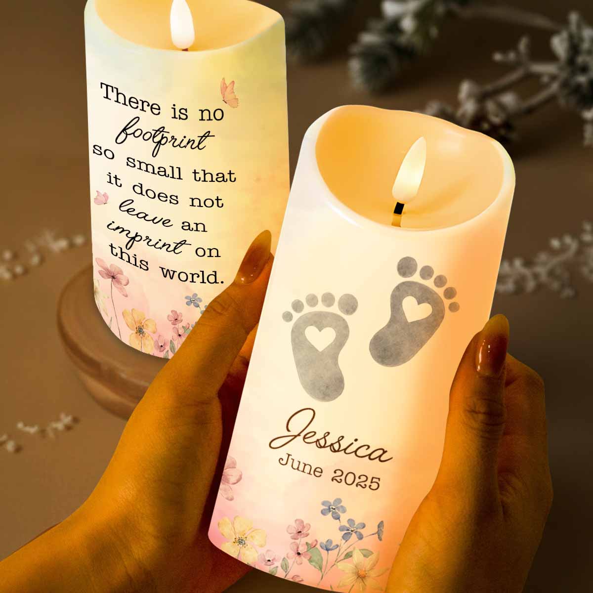 No Footprint So Small, Footprints And Flowers Candle - Personalized Custom LED Candle - HME332_LECA