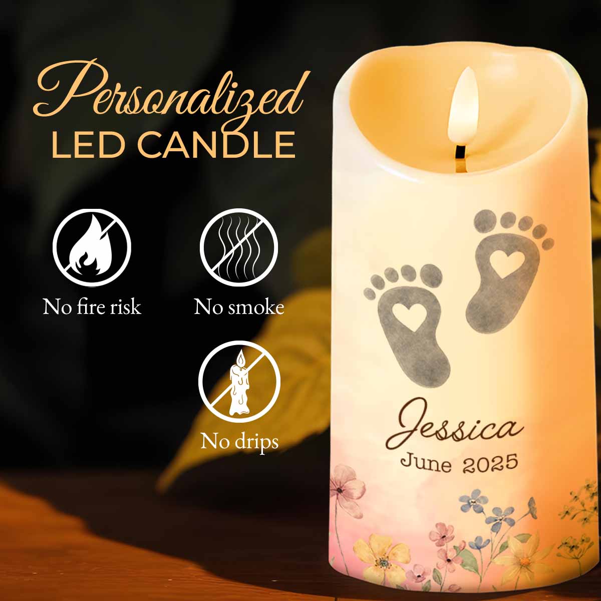 No Footprint So Small, Footprints And Flowers Candle - Personalized Custom LED Candle - HME332_LECA