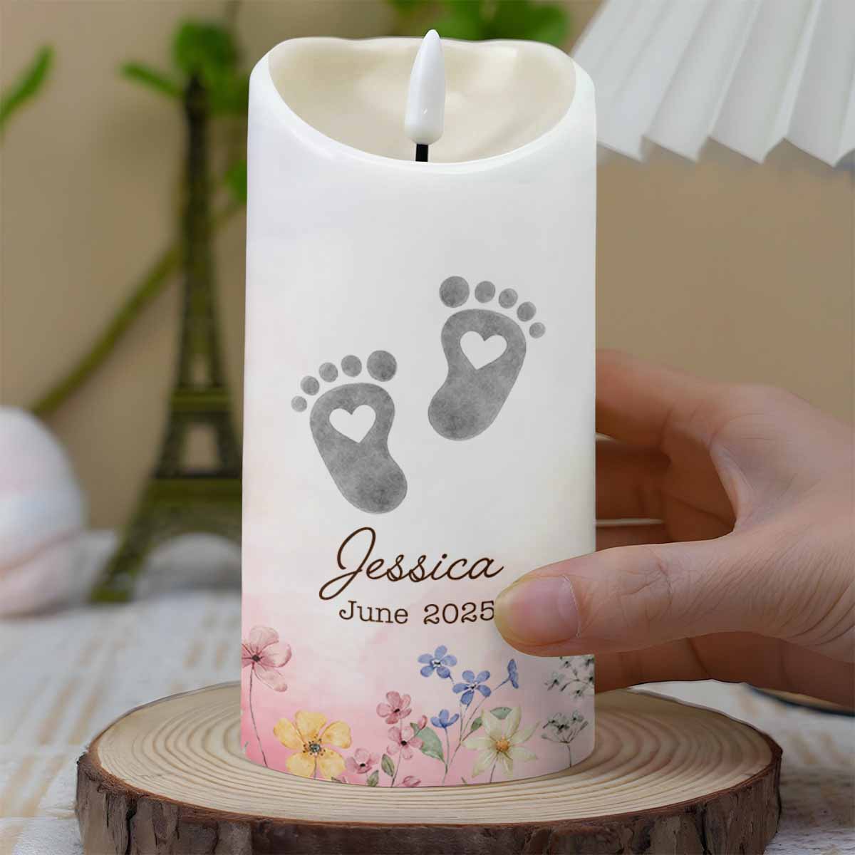No Footprint So Small, Footprints And Flowers Candle - Personalized Custom LED Candle - HME332_LECA