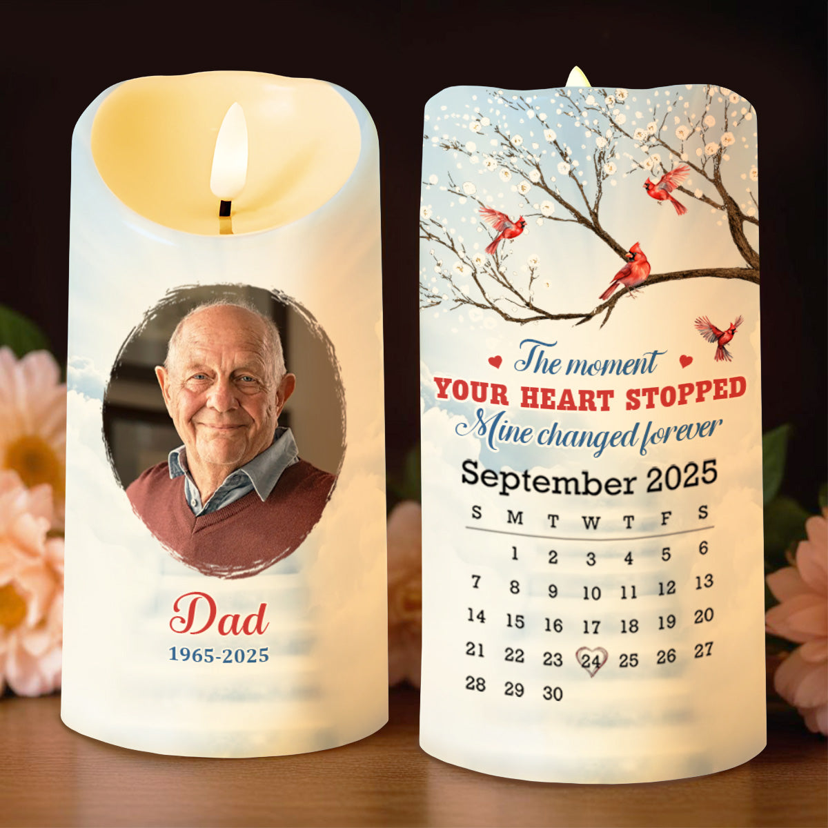 The Moment Your Heart Stopped, Mine Changed Forever, Cardinals On Tree - Personalized Custom LED Candle - HME341_LECA