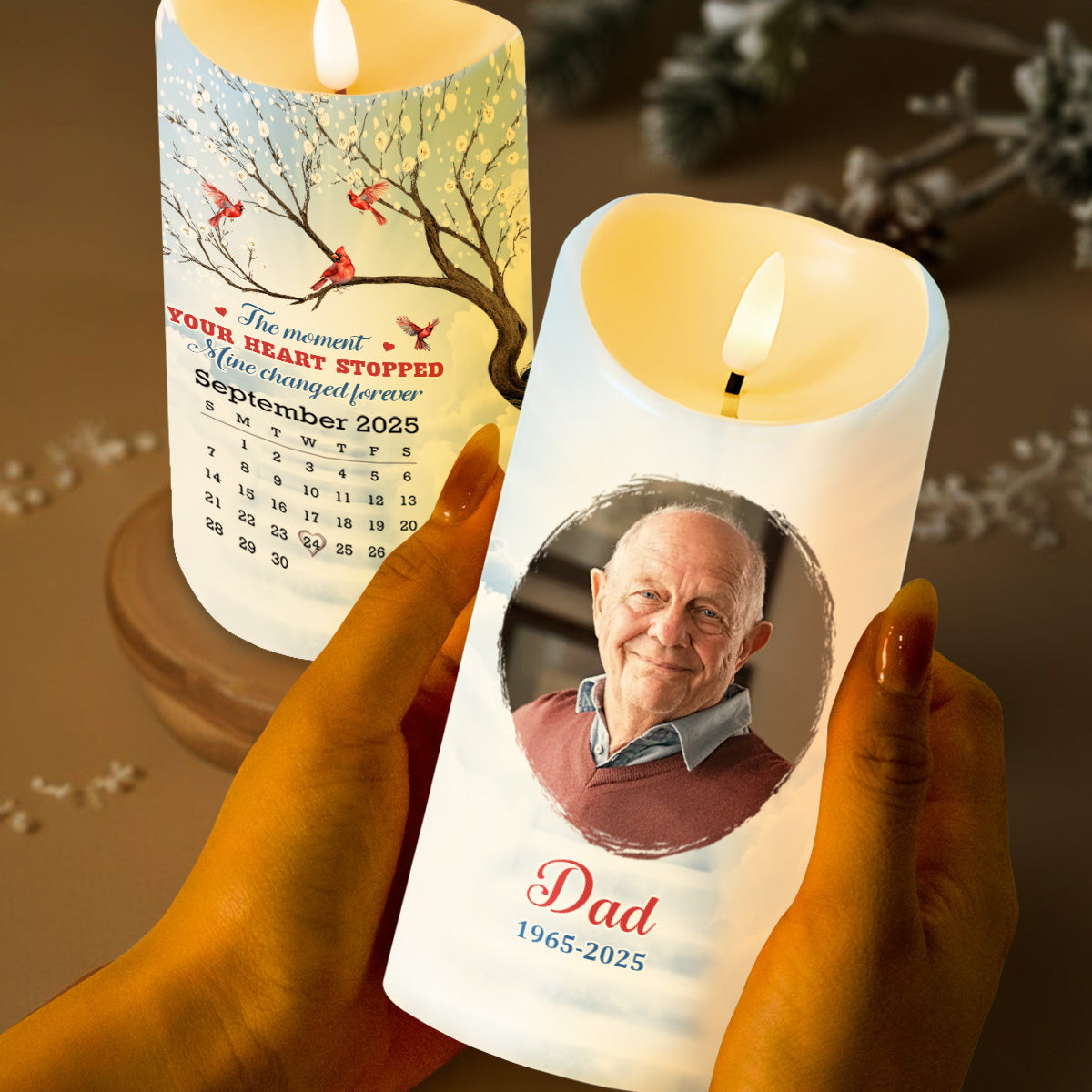 The Moment Your Heart Stopped, Mine Changed Forever, Cardinals On Tree - Personalized Custom LED Candle - HME341_LECA