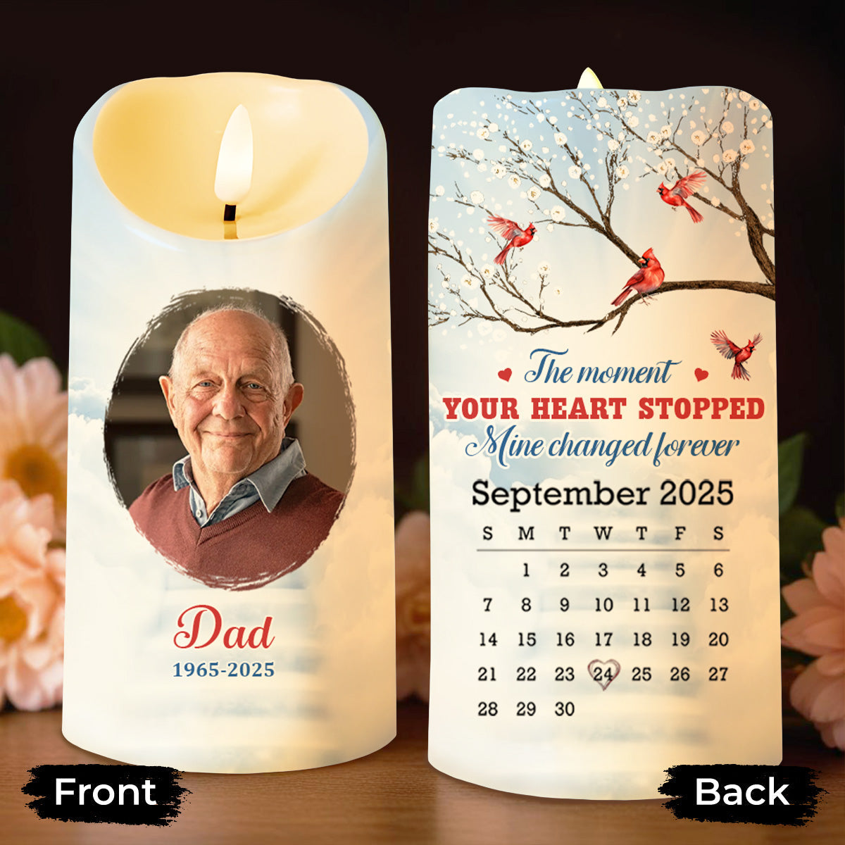 The Moment Your Heart Stopped, Mine Changed Forever, Cardinals On Tree - Personalized Custom LED Candle - HME341_LECA