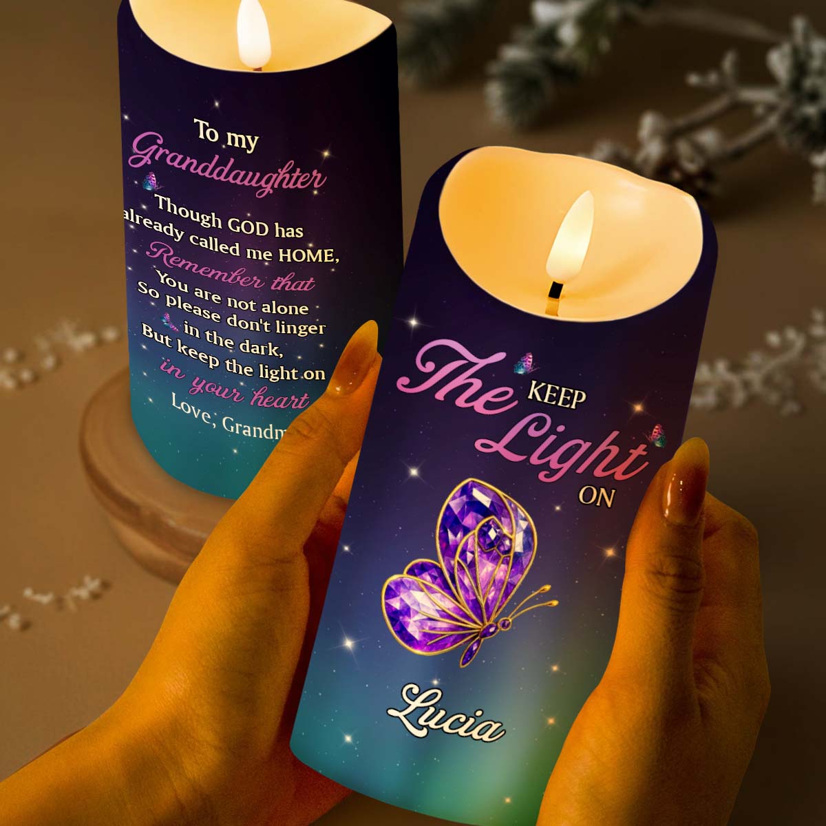 Keep The Light On, Butterfly And Stars Design - Personalized Custom LED Candle - HME346_LECA