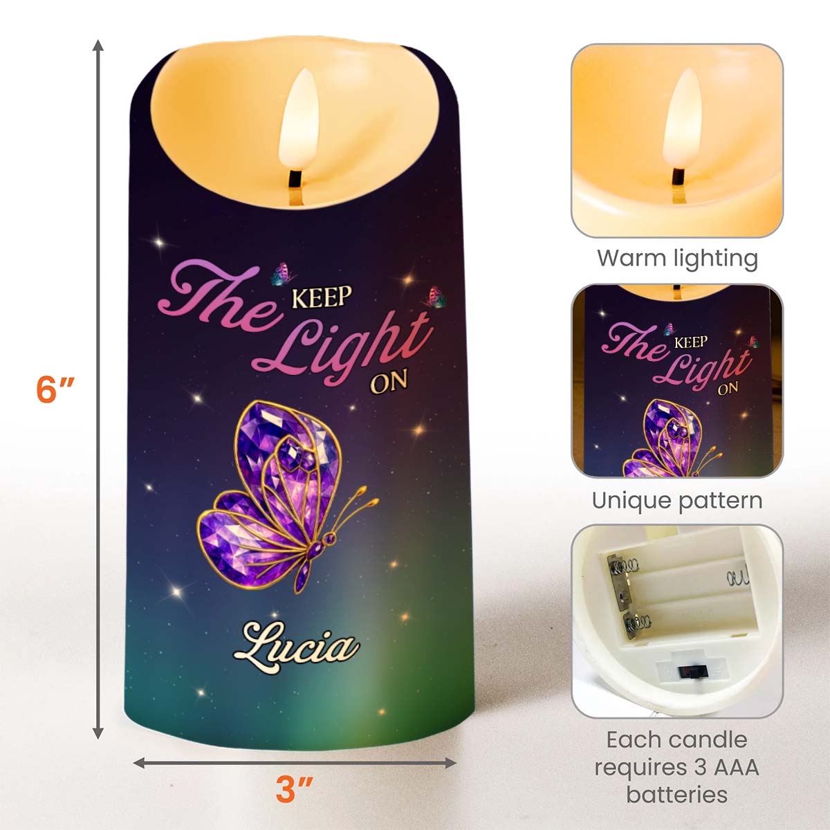 Keep The Light On, Butterfly And Stars Design - Personalized Custom LED Candle - HME346_LECA
