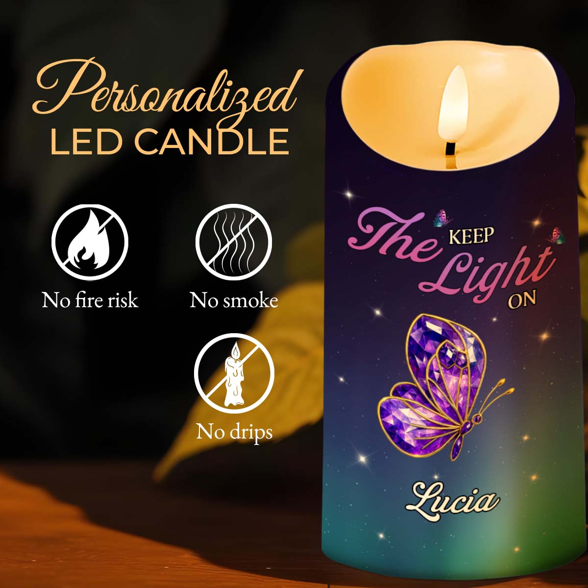 Keep The Light On, Butterfly And Stars Design - Personalized Custom LED Candle - HME346_LECA