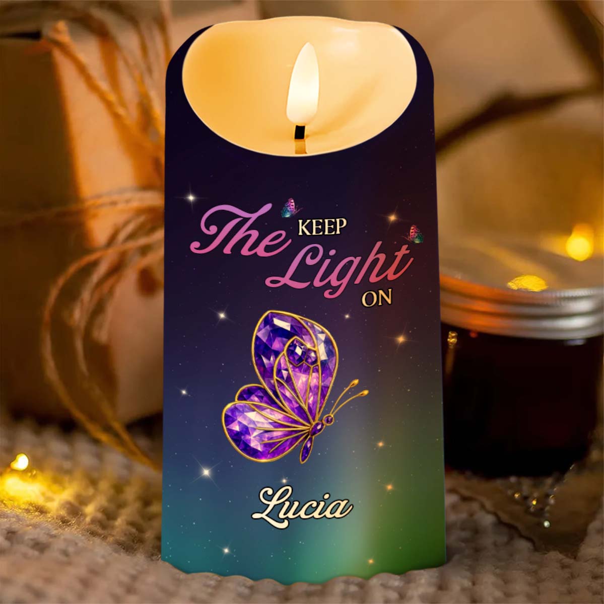 Keep The Light On, Butterfly And Stars Design - Personalized Custom LED Candle - HME346_LECA