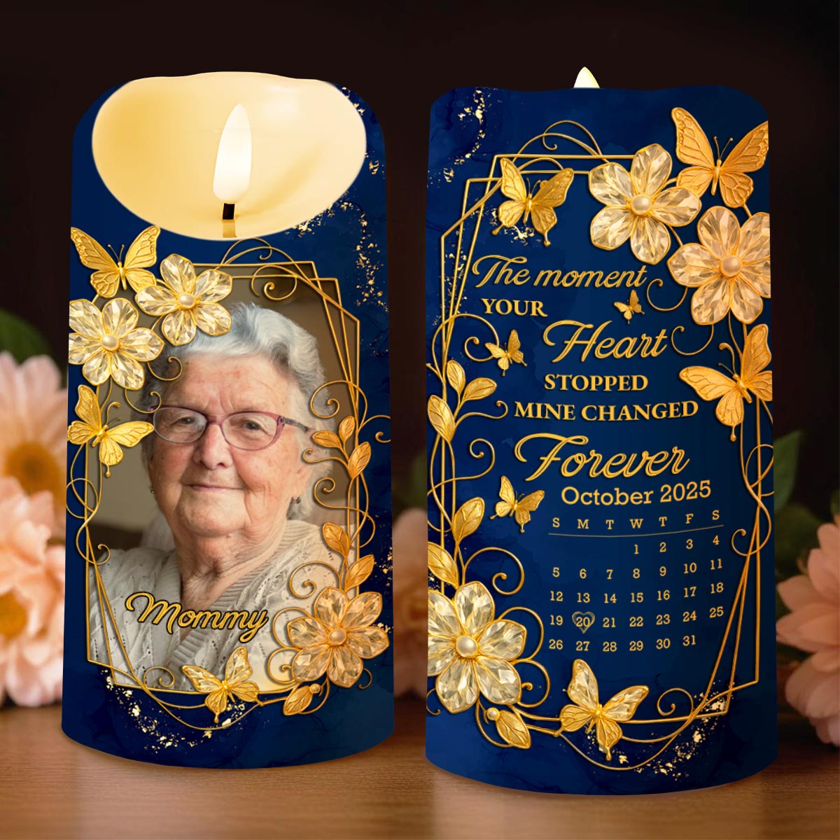 The Moment Your Heart Stopped, Mine Changed Forever, Flowers and Calendar Design - Personalized Custom LED Candle - HME350_LECA