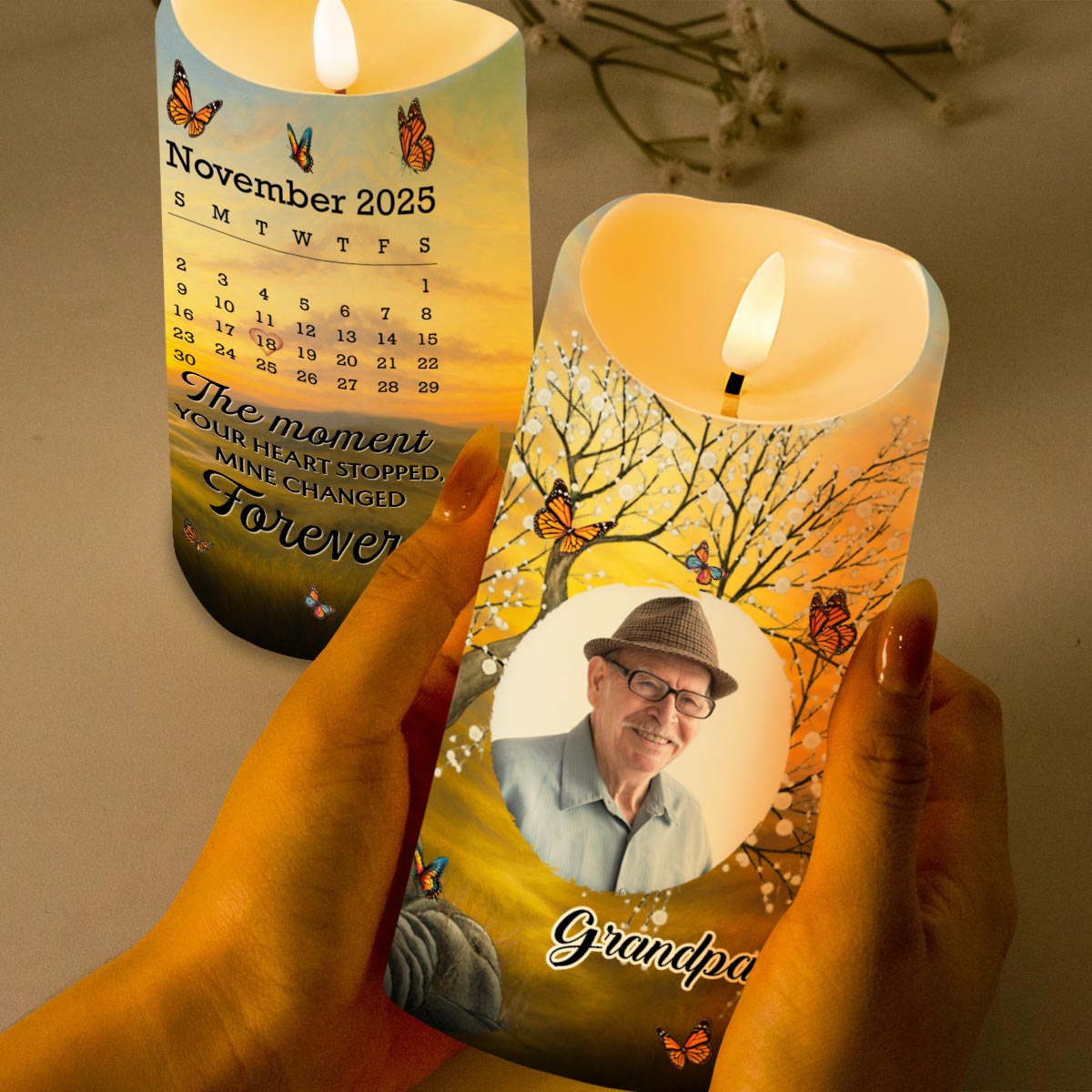 The Moment Your Heart Stopped, Memorial Candle With Butterflies - Personalized Custom LED Candle - HME354_LECA