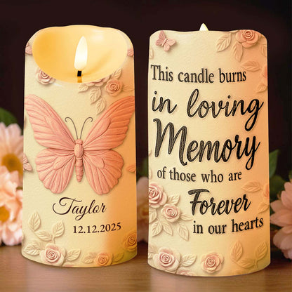 In Loving Memory Forever In Our Hearts Butterfly And Roses - Personalized Custom LED Candle - HME454_LECA