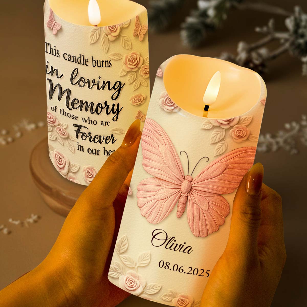 In Loving Memory Forever In Our Hearts Butterfly And Roses - Personalized Custom LED Candle - HME454_LECA