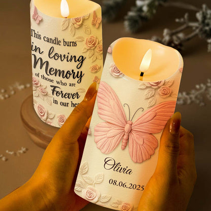 In Loving Memory Forever In Our Hearts Butterfly And Roses - Personalized Custom LED Candle - HME454_LECA
