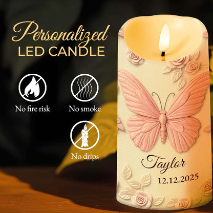 In Loving Memory Forever In Our Hearts Butterfly And Roses - Personalized Custom LED Candle - HME454_LECA