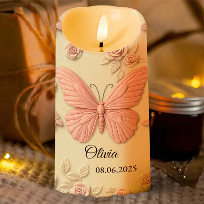 In Loving Memory Forever In Our Hearts Butterfly And Roses - Personalized Custom LED Candle - HME454_LECA