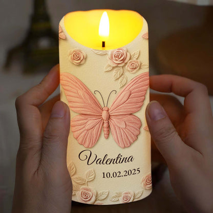 In Loving Memory Forever In Our Hearts Butterfly And Roses - Personalized Custom LED Candle - HME454_LECA