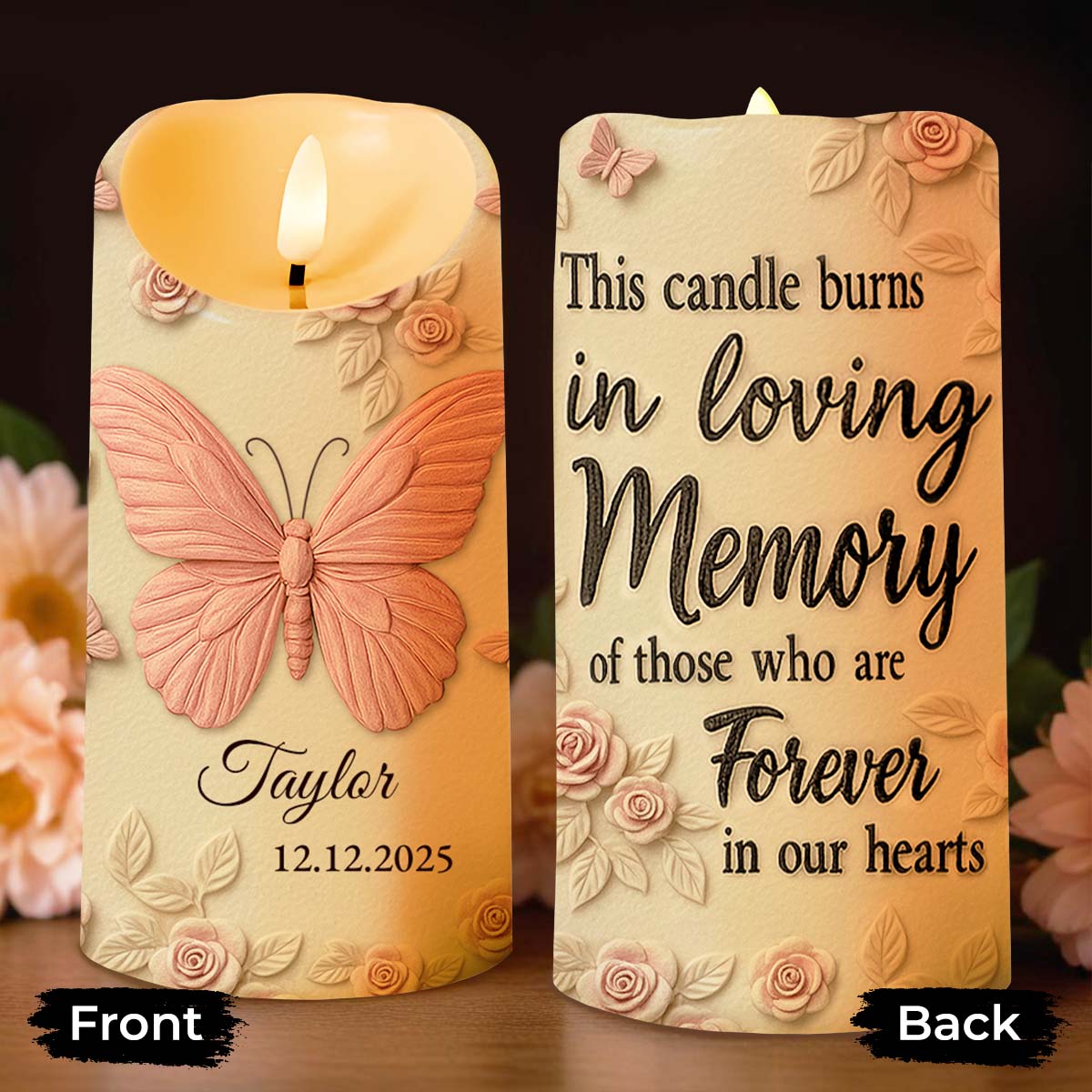 In Loving Memory Forever In Our Hearts Butterfly And Roses - Personalized Custom LED Candle - HME454_LECA