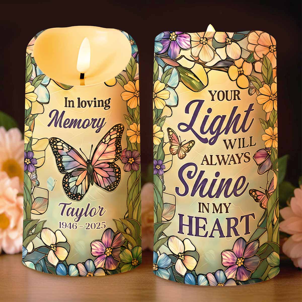 In Loving Memory Your Light Will Always Shine In My Heart Butterfly Flower - Personalized Custom LED Candle - HME494_LECA
