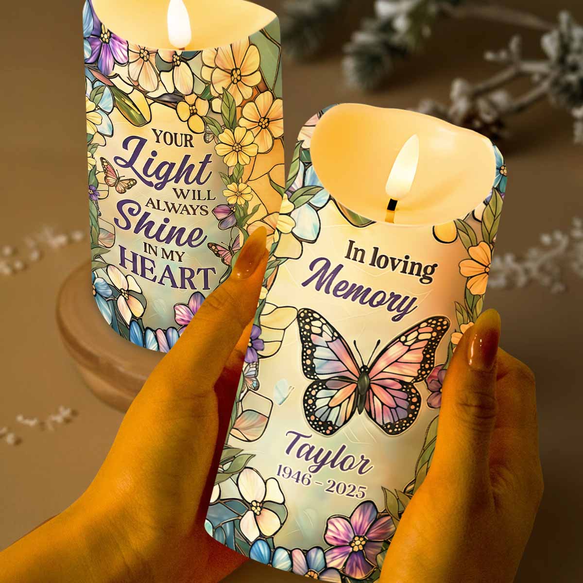 In Loving Memory Your Light Will Always Shine In My Heart Butterfly Flower - Personalized Custom LED Candle - HME494_LECA