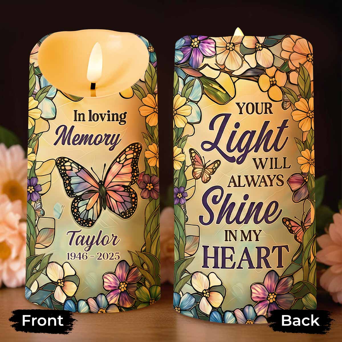 In Loving Memory Your Light Will Always Shine In My Heart Butterfly Flower - Personalized Custom LED Candle - HME494_LECA