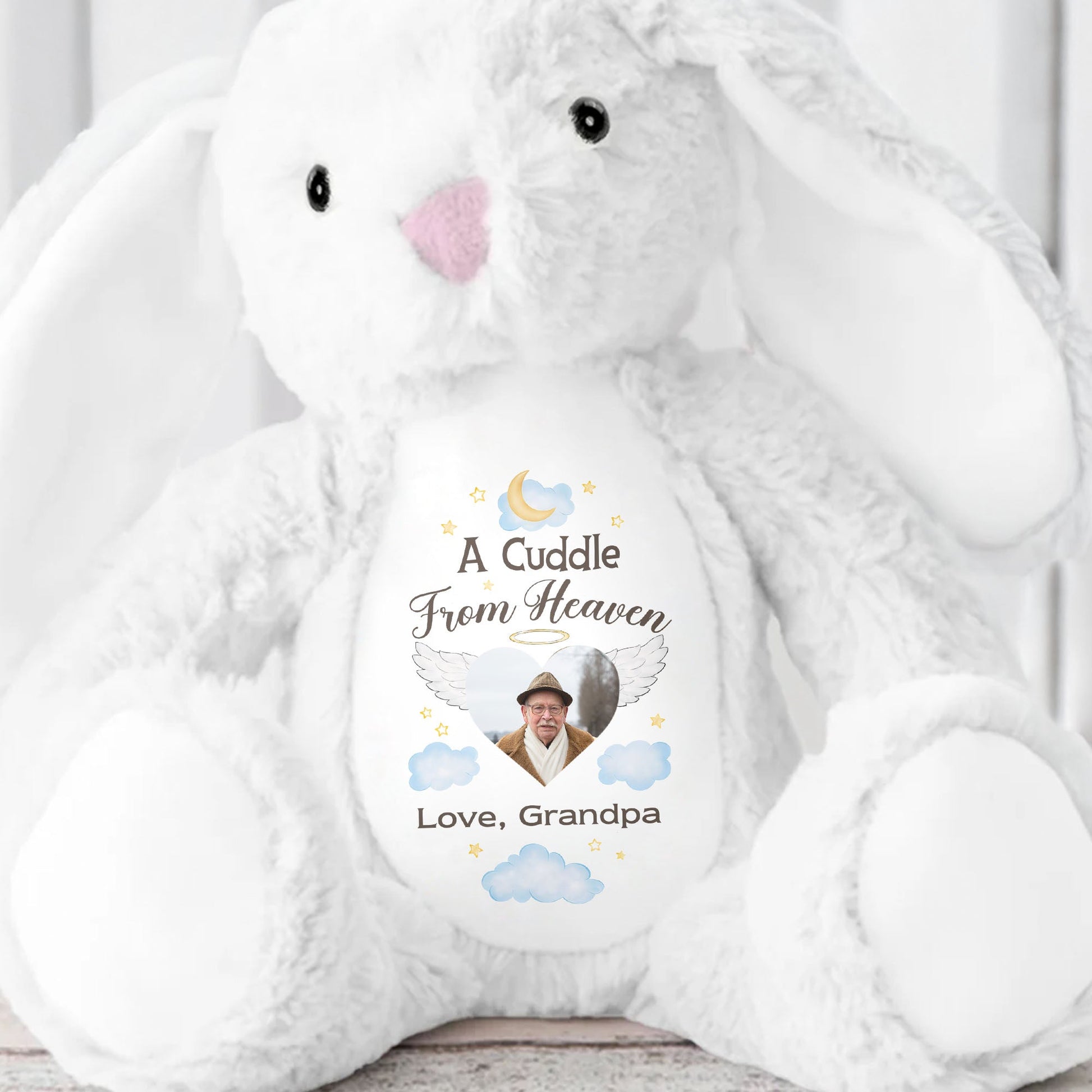 A Cuddle From Heaven Love Grandpa With Photo Moon And Stars - Personalized Stuffed Bunny - HME545_BUN