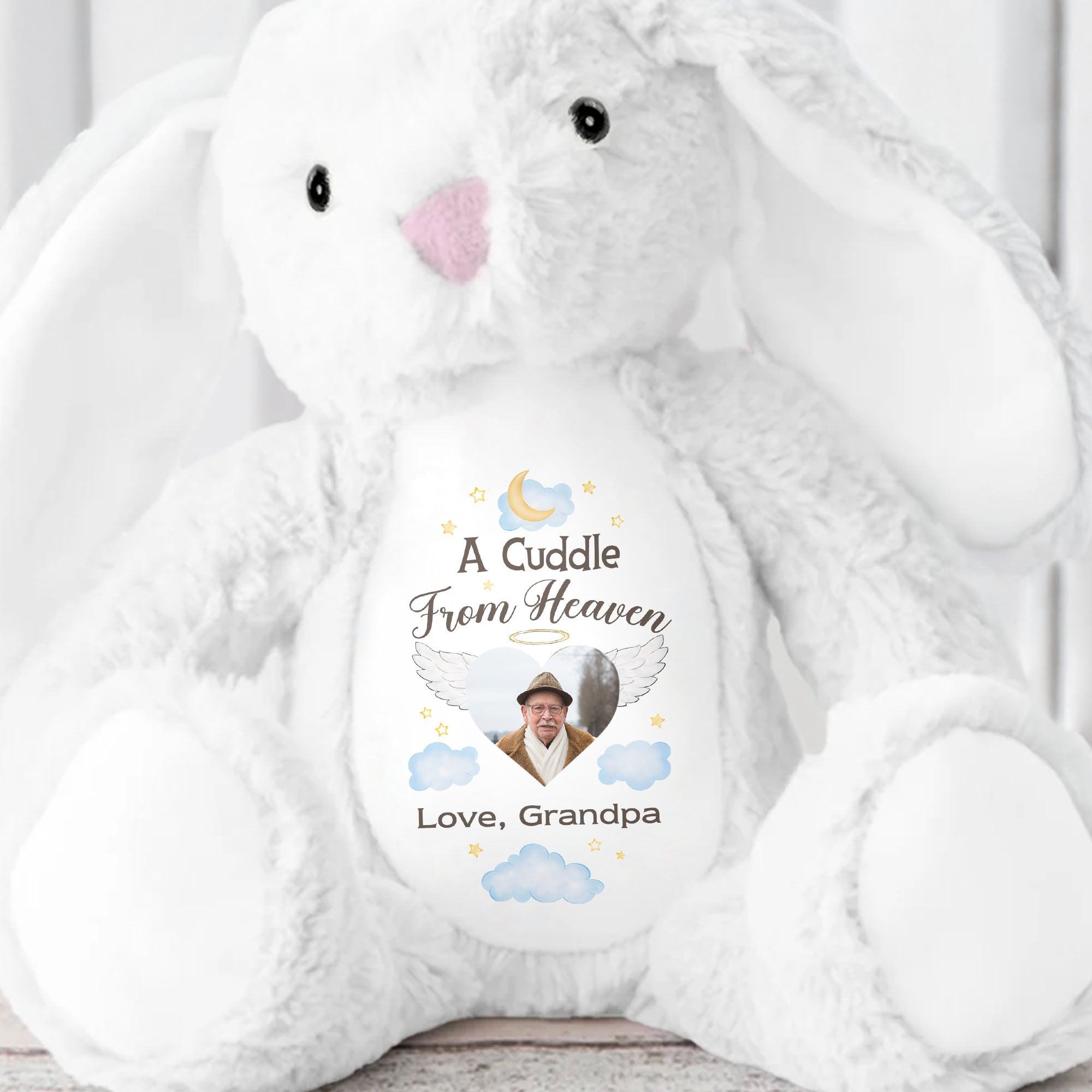 A Cuddle From Heaven Love Grandpa With Photo Moon And Stars - Personalized Stuffed Bunny - HME545_BUN