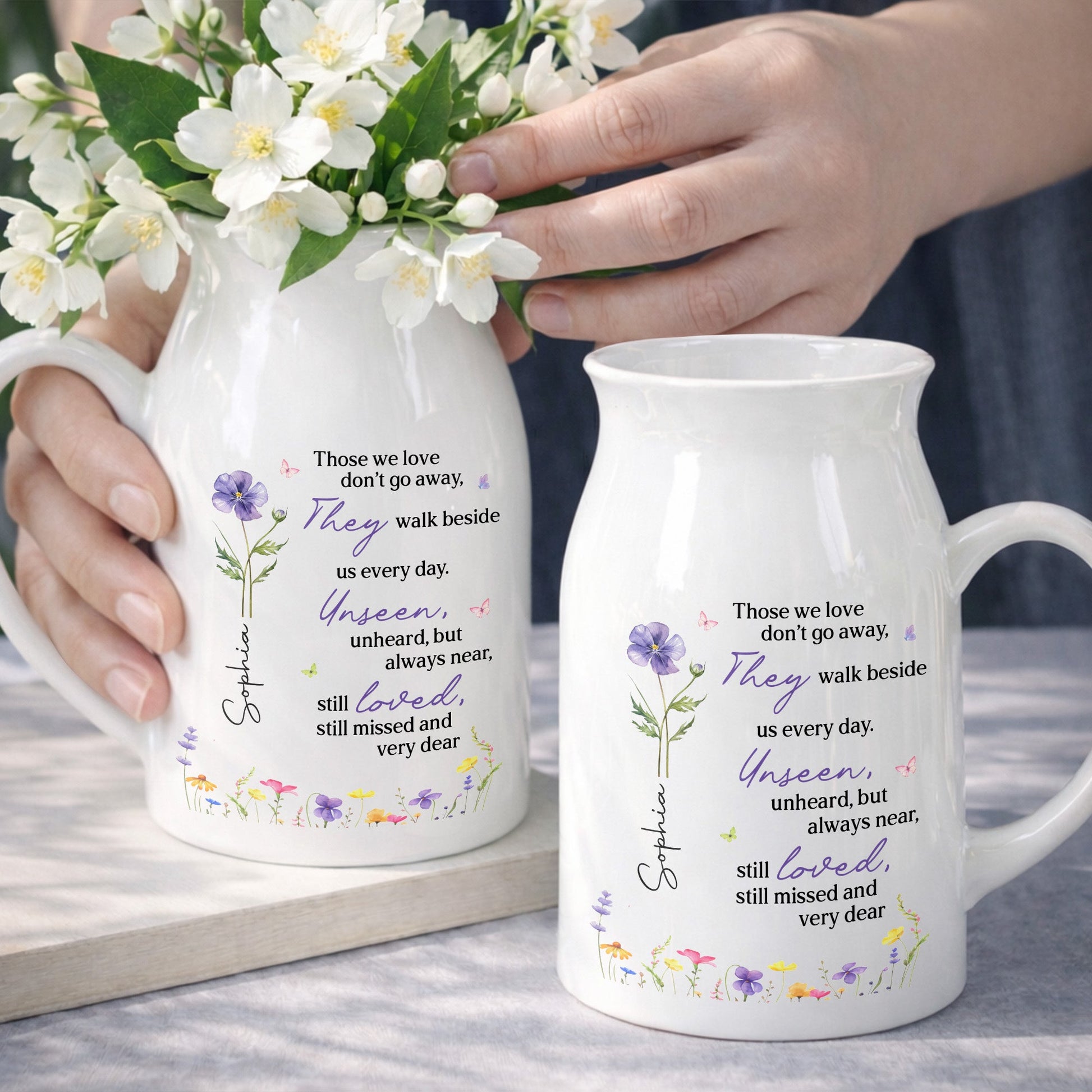 Those We Love Don't Go Away Memorial Flower Vase With Birth Month Flowers - Personalized Ceramic Flower Vase