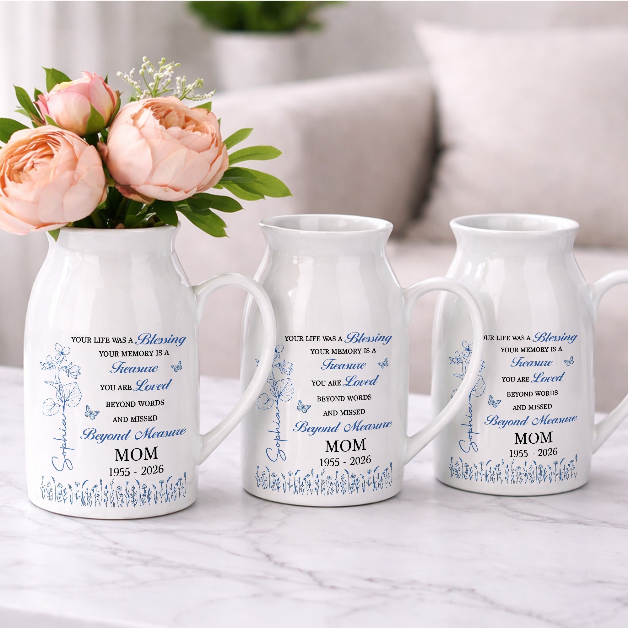 Your Life Was A Blessing Memorial Birth Month Flower Mom - Personalized Ceramic Flower Vase
